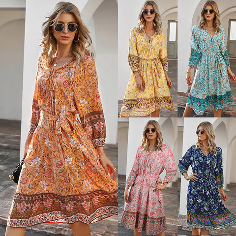 Image of Spring Women's Bohemian Print Dress Long Sleeve V-Neck Tie A-Shape Dress Style