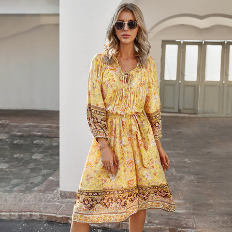 Image of Spring Women's Bohemian Print Dress Long Sleeve V-Neck Tie A-Shape Dress Style