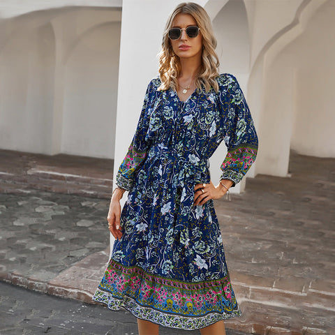 Image of Spring Women's Bohemian Print Dress Long Sleeve V-Neck Tie A-Shape Dress Style