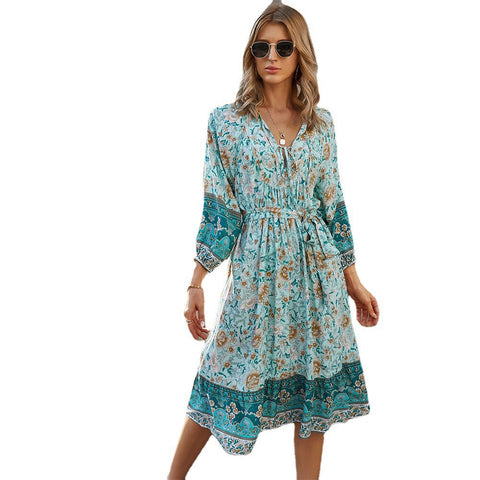 Image of Spring Women's Bohemian Print Dress Long Sleeve V-Neck Tie A-Shape Dress Style