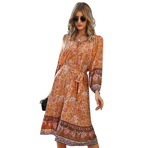 Image of Spring Women's Bohemian Print Dress Long Sleeve V-Neck Tie A-Shape Dress Style